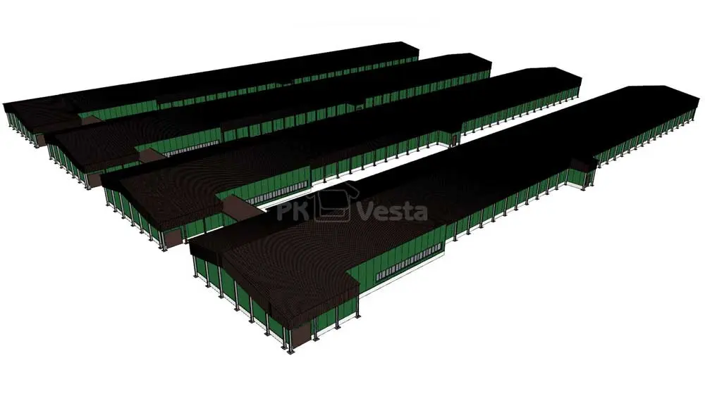 ПК Веста объявляет о заказе стальных конструкций для птицеводческого комплекса из 4 зданий 15Ш х 115Д х 3В из ЛСТК в Тульской области, Россия